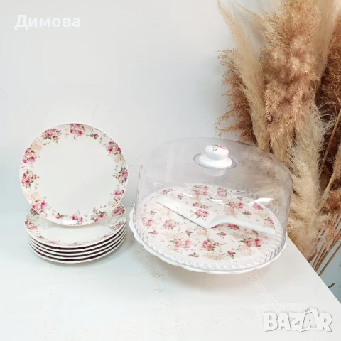 Тортиера с капак и чинии с рози