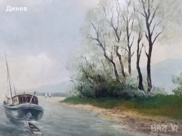 Атмосферна маслена картина "Пейзаж с лодка" (Regehbar '86) - 68x88 см, снимка 4 - Картини - 51967072