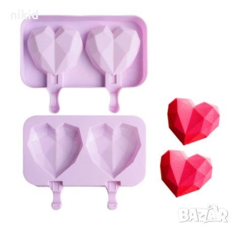2 Диамантени сърца ескимо сладолед Popsicle Попсикъл молд силиконова форма калъп за направа десерти
