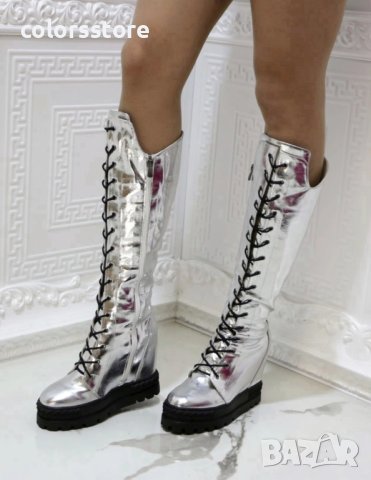 Ботуши на платформа - сребриста лъскава кожа с черно ходило - BPL200, снимка 2 - Дамски ботуши - 40913331