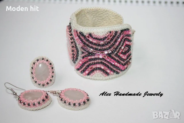 Ръчна изработка! Комплект с млечен кварц - гривна, обеци и пръстен, снимка 3 - Бижутерийни комплекти - 50835286