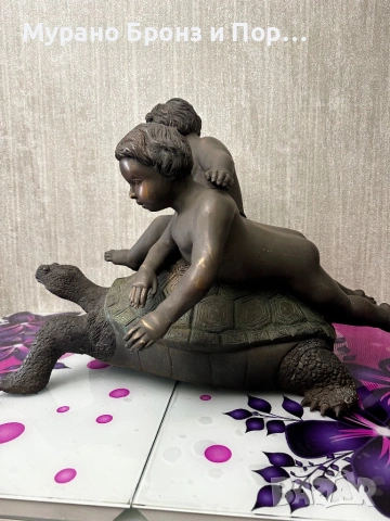 Уникална бронзова скулптура "Деца върху костенурка" – 18 кг (68 см х 52 см), снимка 2 - Антикварни и старинни предмети - 53464439