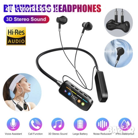 Безжични Bluetooth 5.4 слушалки HiFi стерео за спорт с лента за врата микрофон LED, слот за SD карта, снимка 2 - Bluetooth слушалки - 52354132