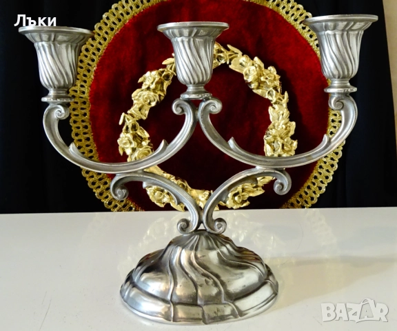 Троен свещник,свещник тройка от калай,Art Nouveau. , снимка 7 - Антикварни и старинни предмети - 52504488