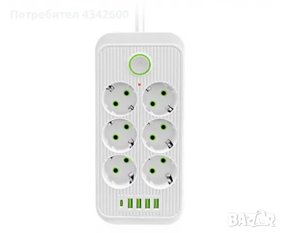 Разклонител 220V с 6 гнезда, 4 USB порта + 2xType C, Digital One SP00985, Бял, 1.5 м, 2500W, с ключ, снимка 1 - Други - 49167989