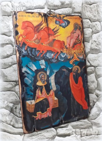 икона "Възнесение на Свети Илия" 30/20 см, репродукция, уникат, дукупаж, снимка 5 - Икони - 34591389