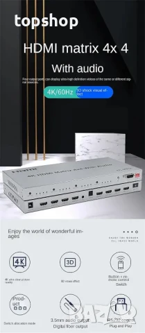 XYKJOBC 4K HDMI матричен превключвател ( Switch ) 4x4, 4K@60Hz с аудио екстрактор 4 в 4 изхода HDMI, снимка 12 - Суичове - 50501834