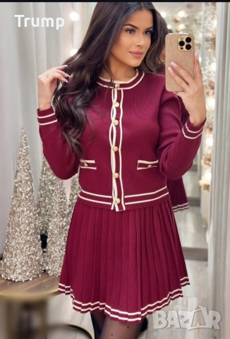 Хит!  Комплект градски шик от пола и скъсена жилетка, фино претиво, бордо, снимка 2 - Комплекти - 51759902