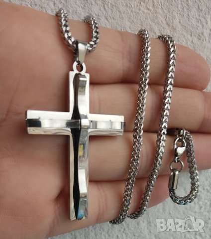 Ланец с кръст от медицинска стомана, цвят сребърен, снимка 4 - Колиета, медальони, синджири - 43997668