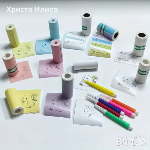 Мини термо принтер с 15 ролки бяла и цветна хартия стикери фулмастри и торбичка, снимка 2 - Принтери, копири, скенери - 49095600