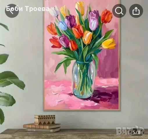 Ярка цветна живопис със силни щрихи, Многоцветни лалета , снимка 2 - Картини - 53019769