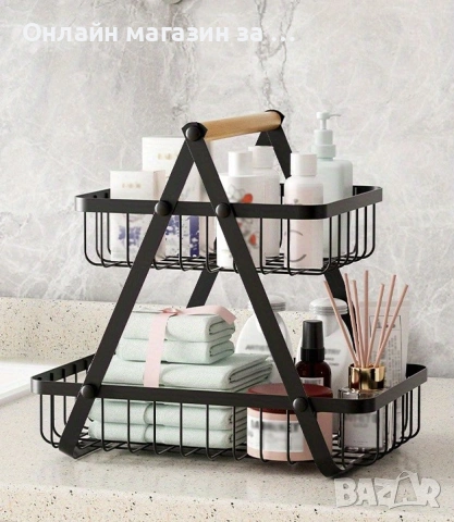 Декоративна кошница за плодове, изработена от метал, на два етажа и дървена дръжка, черна, Ruhhy, снимка 8 - Прибори за хранене, готвене и сервиране - 53230142