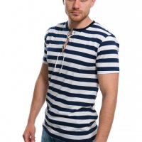 Нова мъжка моряшка тениска с връзки на тъмносиньо/бяло райе, снимка 3 - Тениски - 27950602