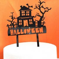 Хелоуин Halloween къща с дърво черен твърд акрил топер украса за торта парти, снимка 1 - Други - 26717804