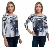Нова дамска моряшка блуза с паднало рамо, трансферен печат Котва, снимка 6 - Блузи с дълъг ръкав и пуловери - 28375572