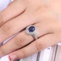 Сребърен пръстен със сапфир и австрийски кристали, снимка 4 - Пръстени - 32502606