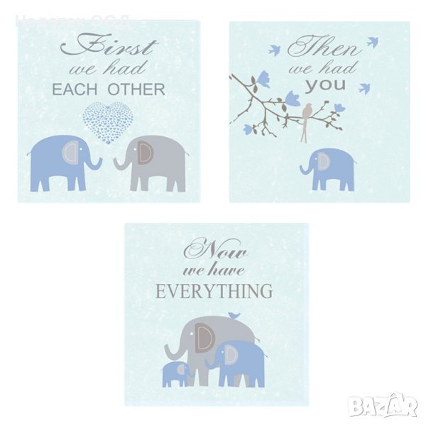 Декоративно платно, Семейство слонове, 25х25х1см 3 бр., снимка 1
