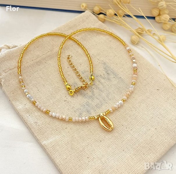 Колие с мъниста и мидичка с 14К златно покритие, снимка 1