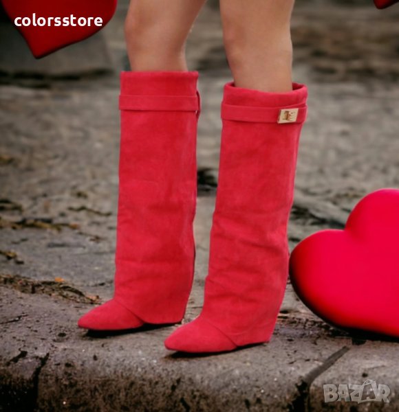 Ботуши на платформа - червен велур - K-40, снимка 1