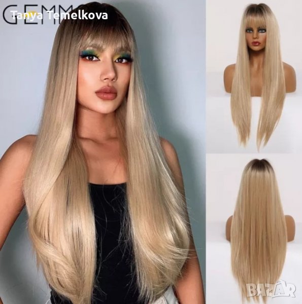 Дълга права руса перука с бретон, снимка 1
