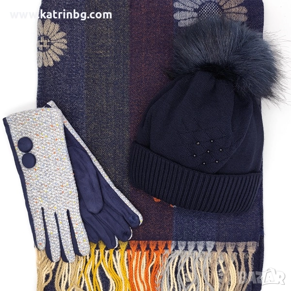 Дамски зимен комплект с цвете в синьо-Шал. шапка и ръкавици Код на продукта:DAK-0003, снимка 1