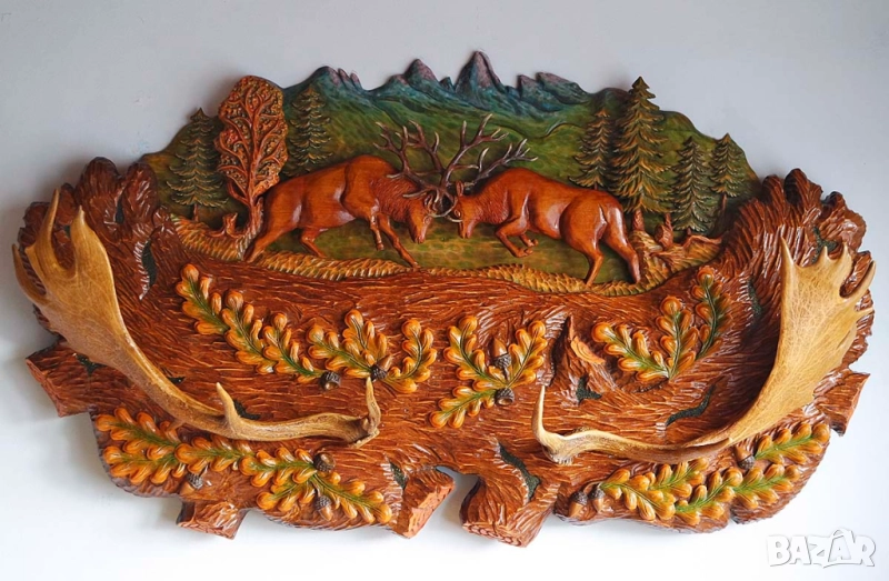 Дърворезба, пано с благородни елени, уникат , снимка 1