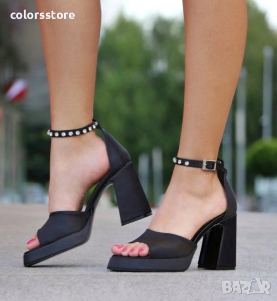 Сандали на ток - черен сатен - VSN2, снимка 1
