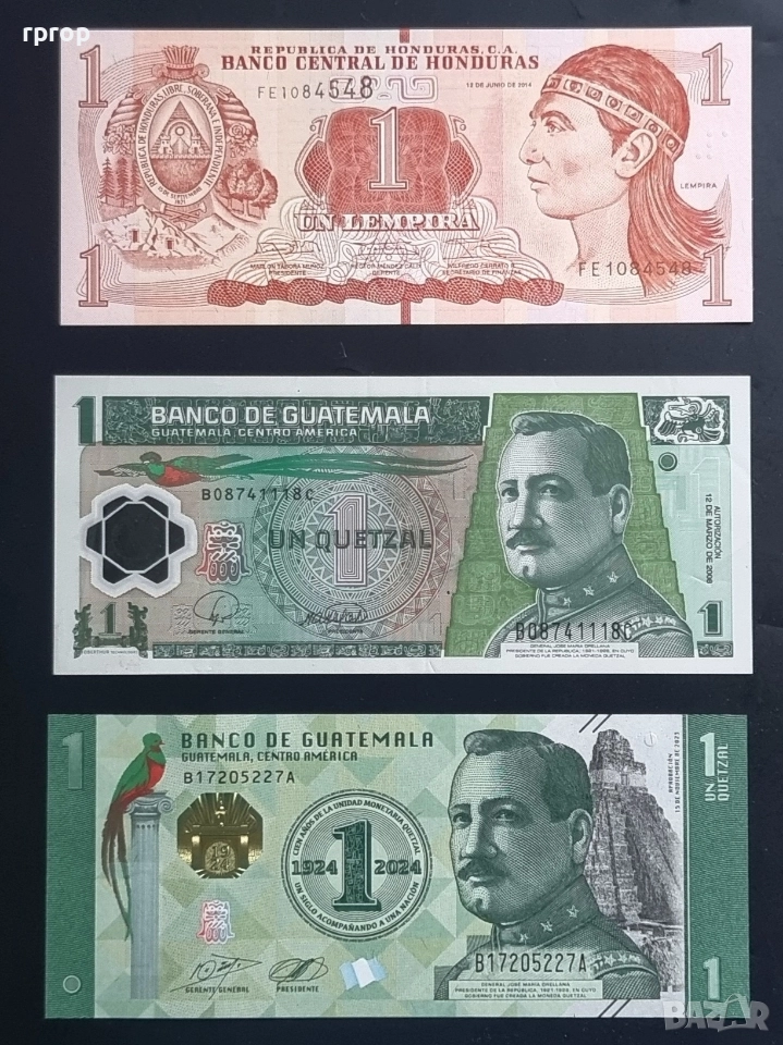 Гватемала. 1 лемпира 2014 година.1 кетцал 2008 година .1 кетцал 2024 юбилеен ., снимка 1