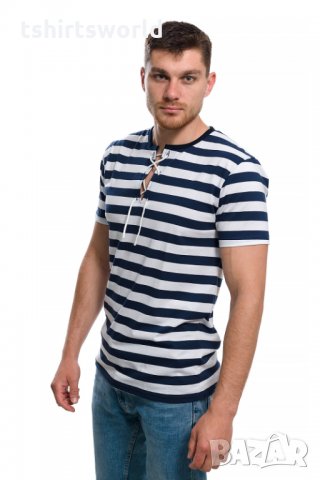 Нова мъжка моряшка тениска с връзки на тъмносиньо/бяло райе, снимка 3 - Тениски - 27950602