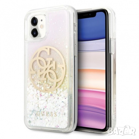 Оригинален калъф гръб кейс Guess Liquid Glitter Circle - iPhone 11 (6.1), Розов, снимка 1