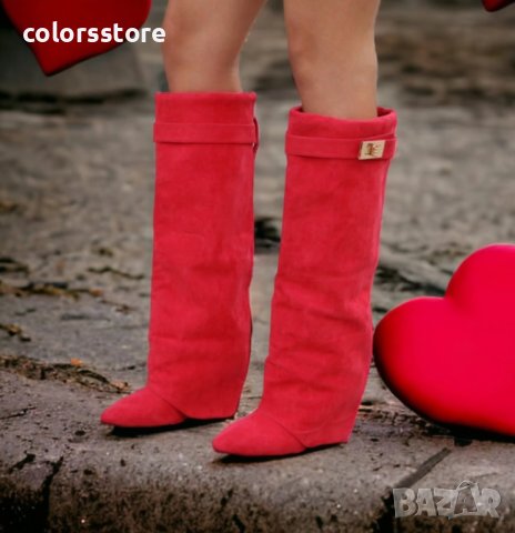 Ботуши на платформа - червен велур - K-40