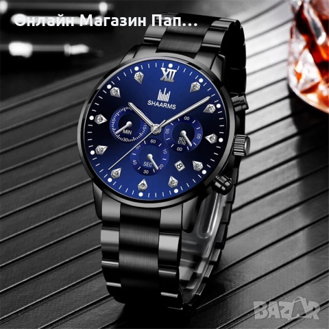 Мъжки кварцов часовник SHAARMS – Черен метален корпус, син циферблат, кристални индекси, календар, снимка 2 - Мъжки - 52348538