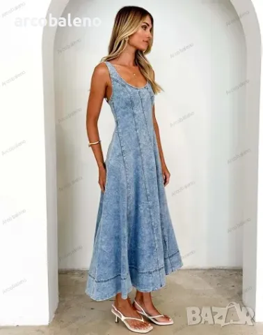 Дамска дълга дънкова рокля без ръкави без гръб с презрамки , снимка 2 - Рокли - 49794880