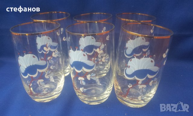 Ретро водни чаши, тънкостенни, златен кант, ръчно рисувани, 6 бр