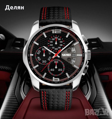 Мъжки часовник 022, черен с червено, с дата и хронометър, снимка 2 - Мъжки - 27940134