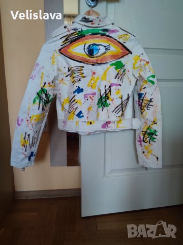 Еко кожа яке с ръчно рисувани елементи, снимка 2 - Якета - 39883971