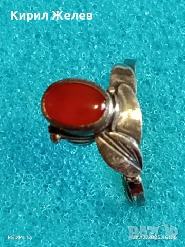 ВИНТИДЖ СРЕБЪРЕН ПРЪСТЕН с ФЛОРАЛЕН МОТИВ и ЮВЕЛИРНО ПОЛИРАН КОРНЕОЛ 34032, снимка 2 - Пръстени - 52855165