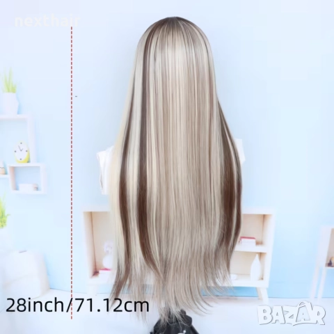 Лейс фронт перука 80 см руса с кафяви кичури – синтетична 13х4х1, снимка 3 - Аксесоари за коса - 52851128