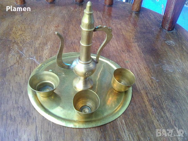 Сувенир от месинг ибрик с тава и 3 чаши, снимка 1