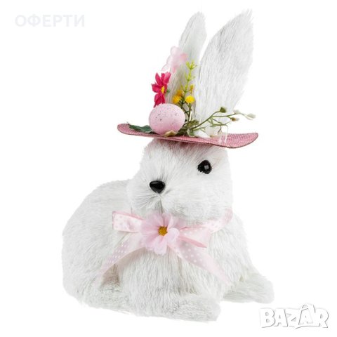 Великденско декоративно фигура на зайче Бяла розова шапка Цветя 30 см, снимка 2 - Декорация за дома - 44078449