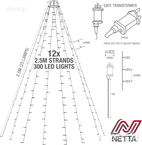 Коледни лампички за елха NETTA 2,5 м x 12 нишки 300 LED, 8 режима, многоцветни, снимка 7 - Декорация за дома - 52119010