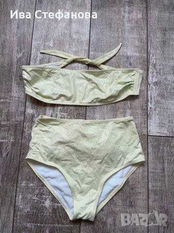 Нов висока талия светло зелен светло резедав бански костюм сет от две части брокат лек блясък , снимка 4 - Бански костюми - 40761480