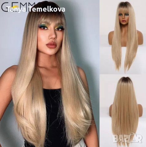 Дълга права руса перука с бретон, снимка 1
