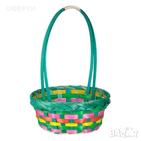 Великденска декоративна кошница с бамбукова дръжка на ивици в зелен цвят Ø19x8см, снимка 2 - Декорация за дома - 44058890