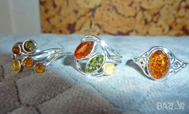 Сребърни пръстени с балтийски кехлибар. 3 камъка халка, снимка 4 - Пръстени - 43435343