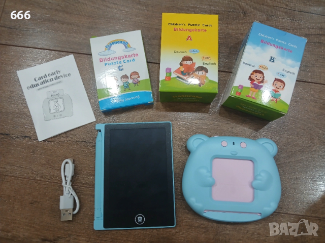 образователен комплект за деца, включващ LCD таблет за писане и рисуване и флаш карти за учене