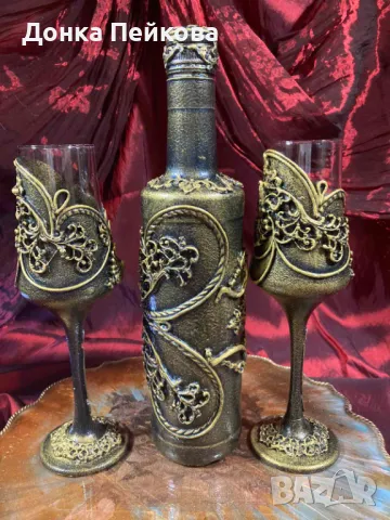 Сервиз за вино от 3 части в злато, ръчна изработка , снимка 2 - Сервизи - 48183867
