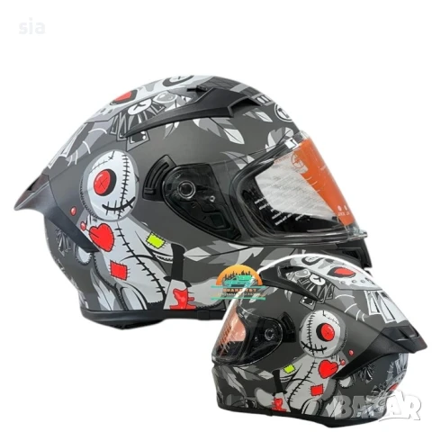 Каска за мотор, Мото шлем, очила и визьор, 4 размера, Сив мат