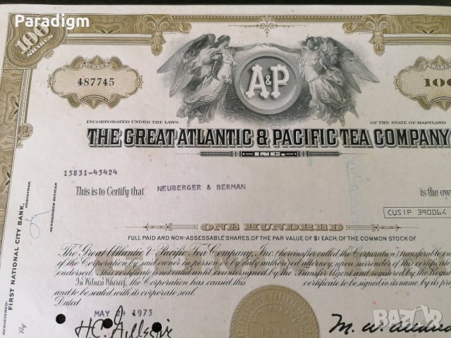 Сертификат за притежание на 100 акции (САЩ) | The Great Atlantic & Pacific Tea Company | 1973г., снимка 2 - Други ценни предмети - 34876900