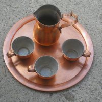 Медно джезве кана чаши и поднос, снимка 1 - Антикварни и старинни предмети - 28284730